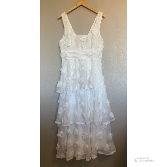 Lulus Large Exceptional Entrance White Sleeveless Tiered Rosette Midi Dress - Picture 3 of 17